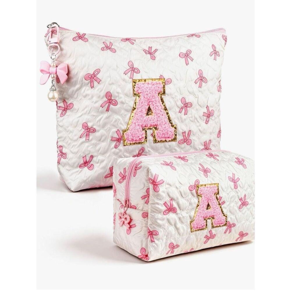 NEW Personalized Pink Bow Quilted Makeup Bag Set with 'A' Patch